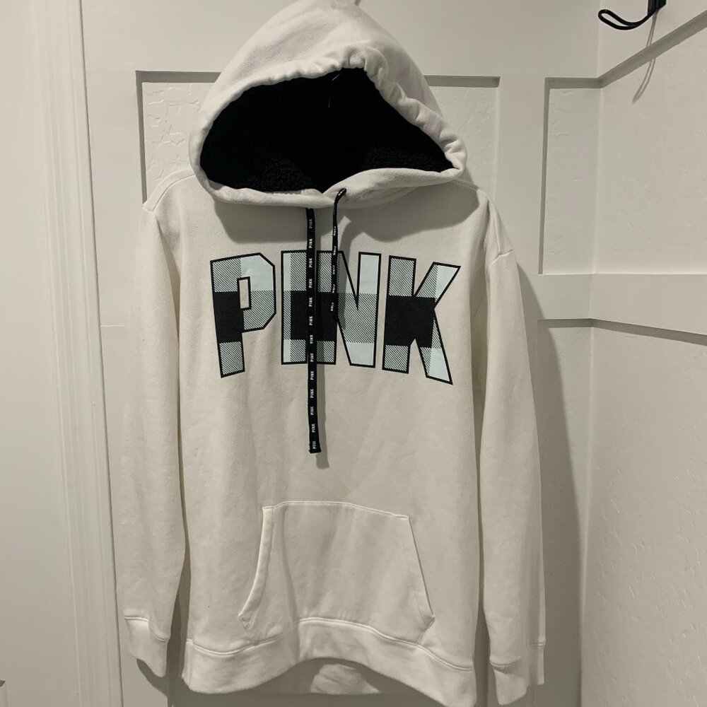 VS PINK Women's White and Black Plaid Logo Fleece Lined Hoodie Size S Small